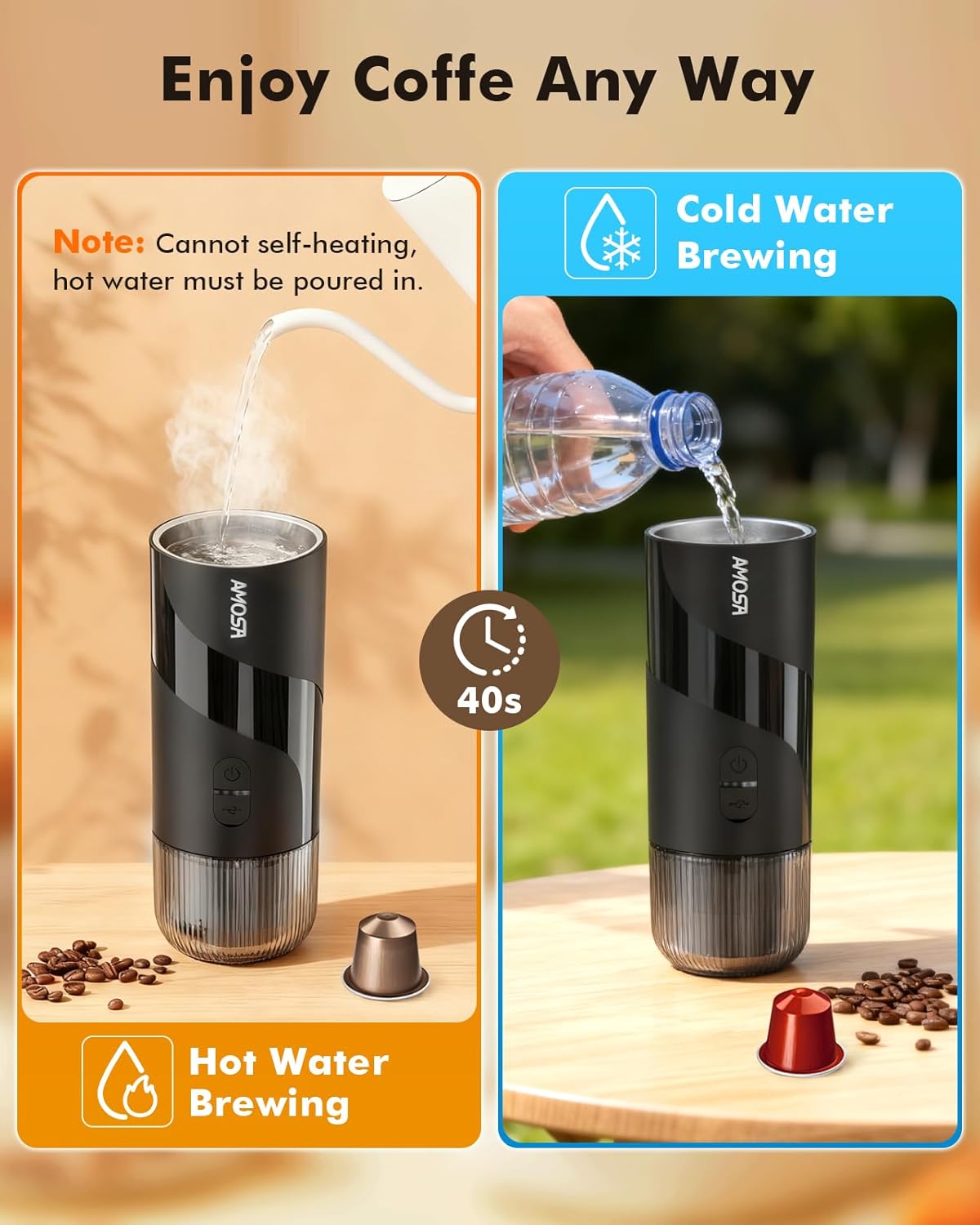 Black portable espresso maker with cold and hot water brewing design