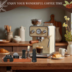 Espresso accessories gift set on wooden tray with tamper, funnel, distributor, and tools