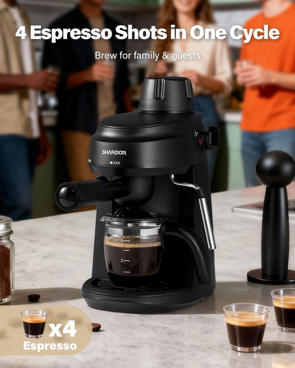 Black espresso machine brewing, showing compact body and portafilter with cup for shots