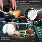 Adjustable coffee distributor and detachable stirrer for even espresso puck prep