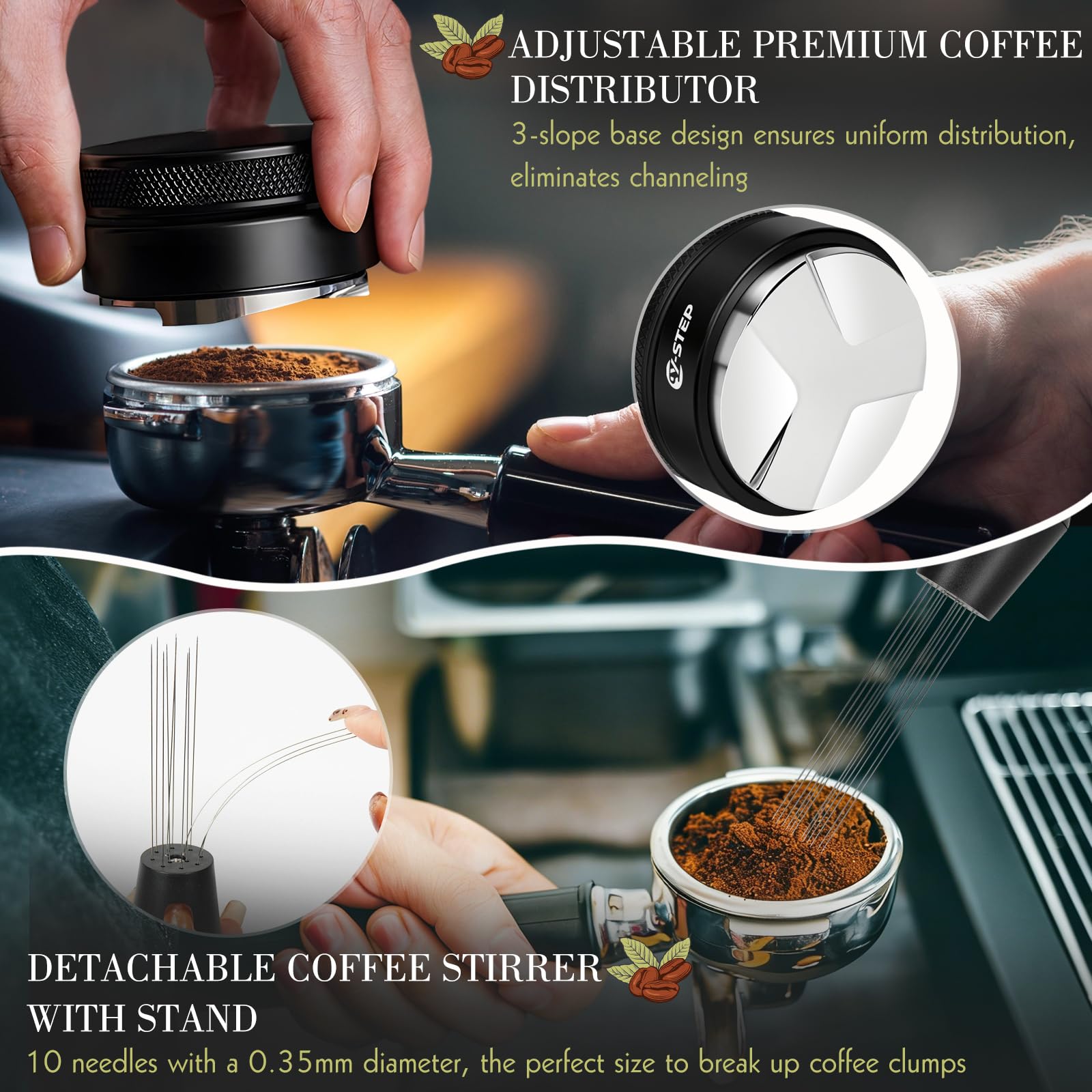 Adjustable coffee distributor and detachable stirrer for even espresso puck prep