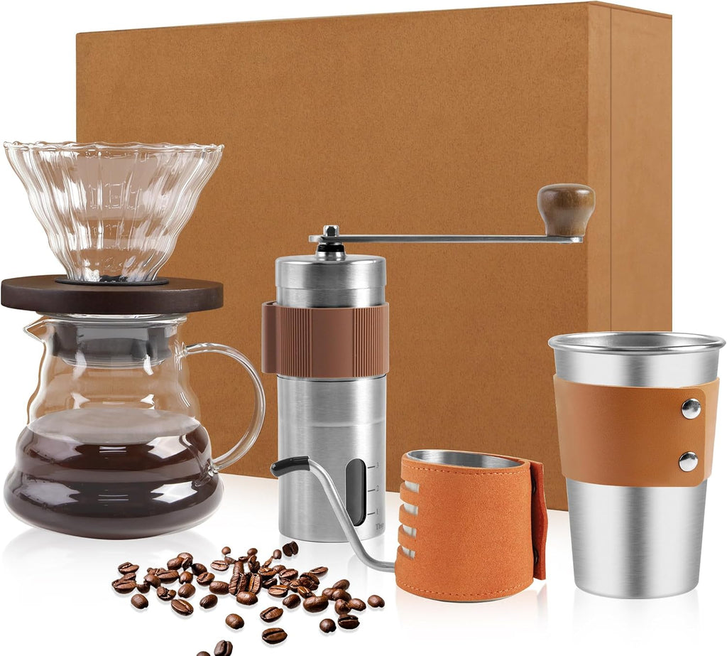 Pour-over coffee brewing kit with glass dripper, hand grinder, insulated cup and beans