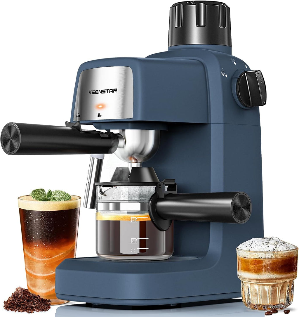 Sapphire blue compact espresso machine with milk frother and dual steam wands