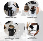 Pour-over coffee instructions with dripper and kettle, showing brewing steps and cups