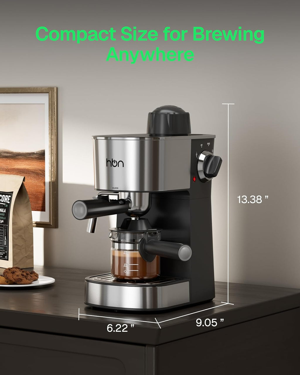 HBN compact espresso machine on countertop, stainless steel and black, side view