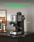 HBN compact espresso machine on countertop, stainless steel and black, side view