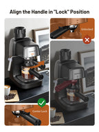 Black KEENSTAR espresso machine showing center-lock handle with portafilter in place
