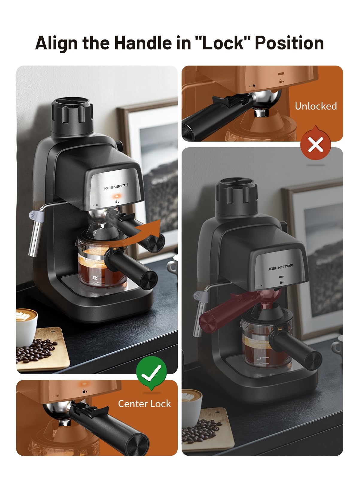 Black KEENSTAR espresso machine showing center-lock handle with portafilter in place