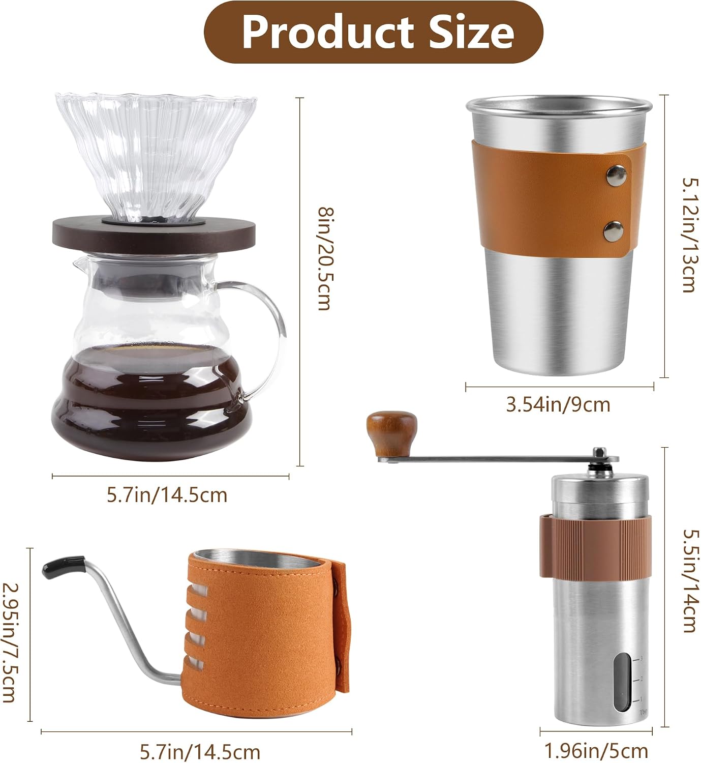 Pour-over kit components with glass dripper, insulated cup, kettle and manual grinder (sizes)