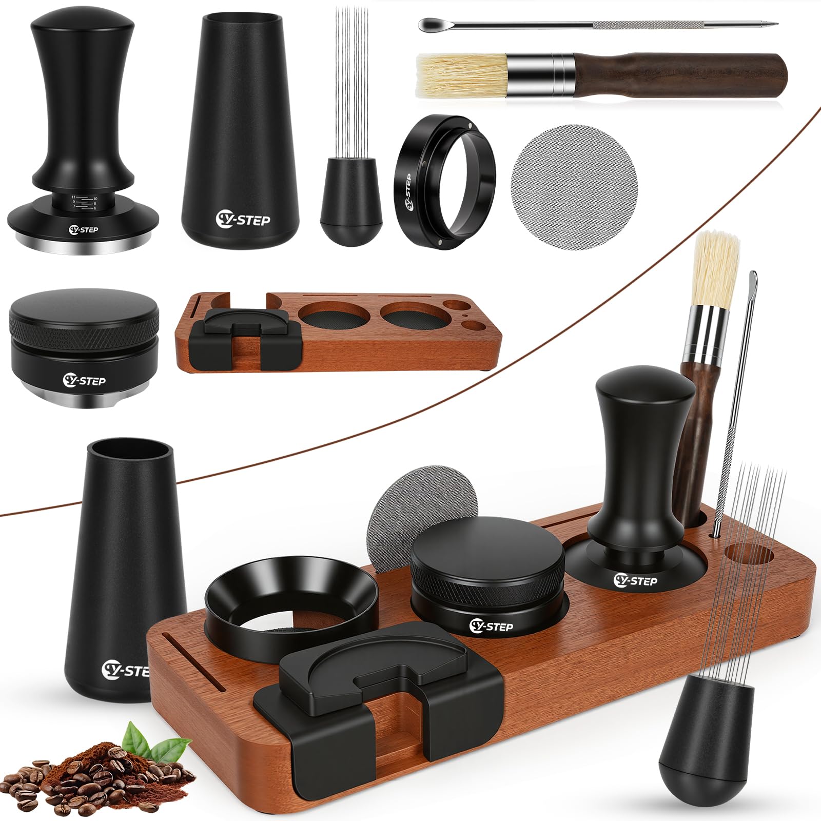 Black espresso accessory set laid out: tamper, tools, puck screen, dosing funnel, brush
