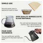 Pour-over dripper and gooseneck kettle set diagram with glass dripper and paper filter cover