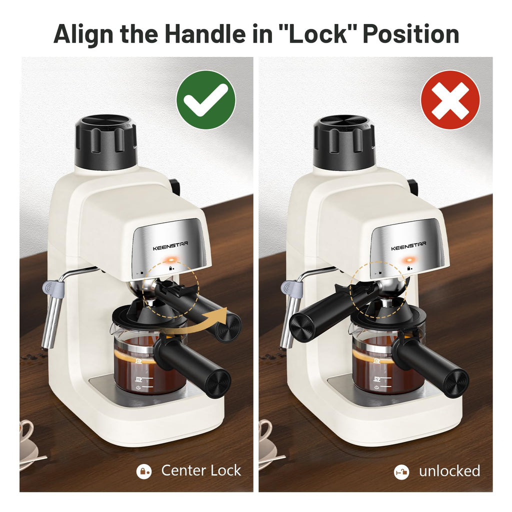 Cream white espresso machine showing handle alignment for locked brewing position