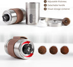 Manual coffee grinder with metal body, adjustable parts and ground coffee samples