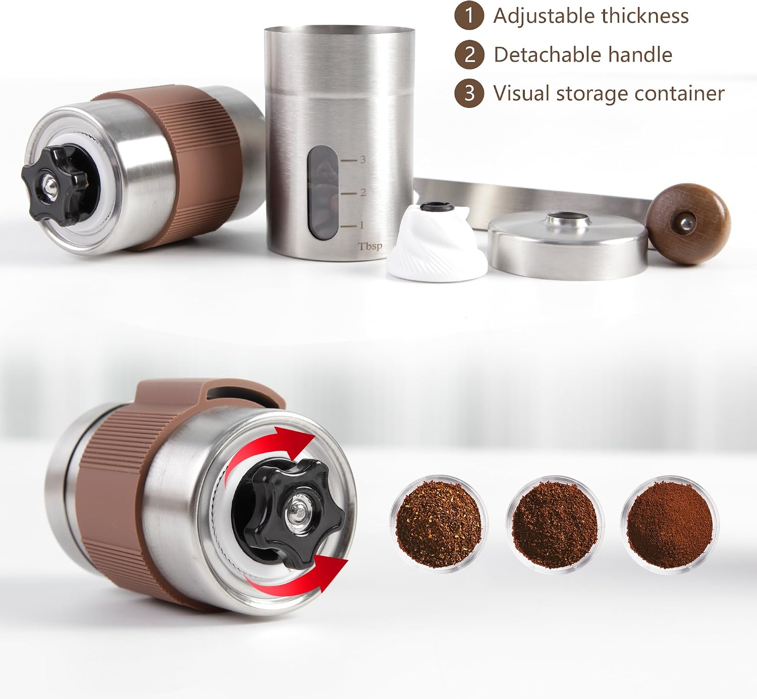 Manual coffee grinder with metal body, adjustable parts and ground coffee samples