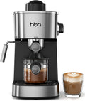 HBN espresso machine with milk frother, stainless steel and black, front view with glass cup