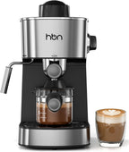 HBN espresso machine with milk frother, stainless steel and black, front view with glass cup