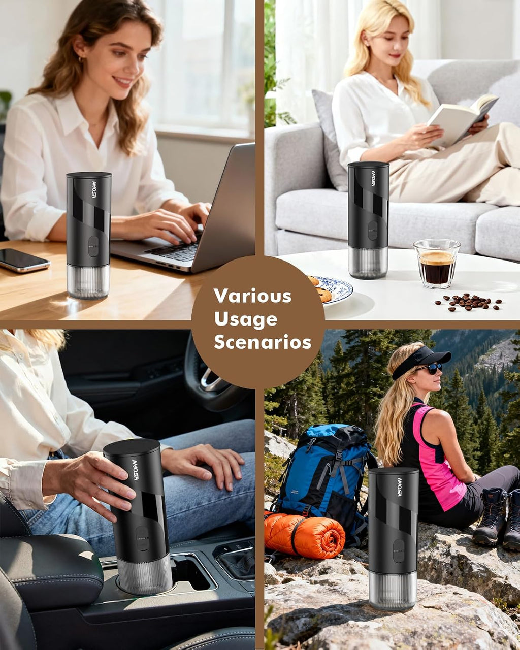 Compact black espresso maker used at home and outdoors, with grinder accessories