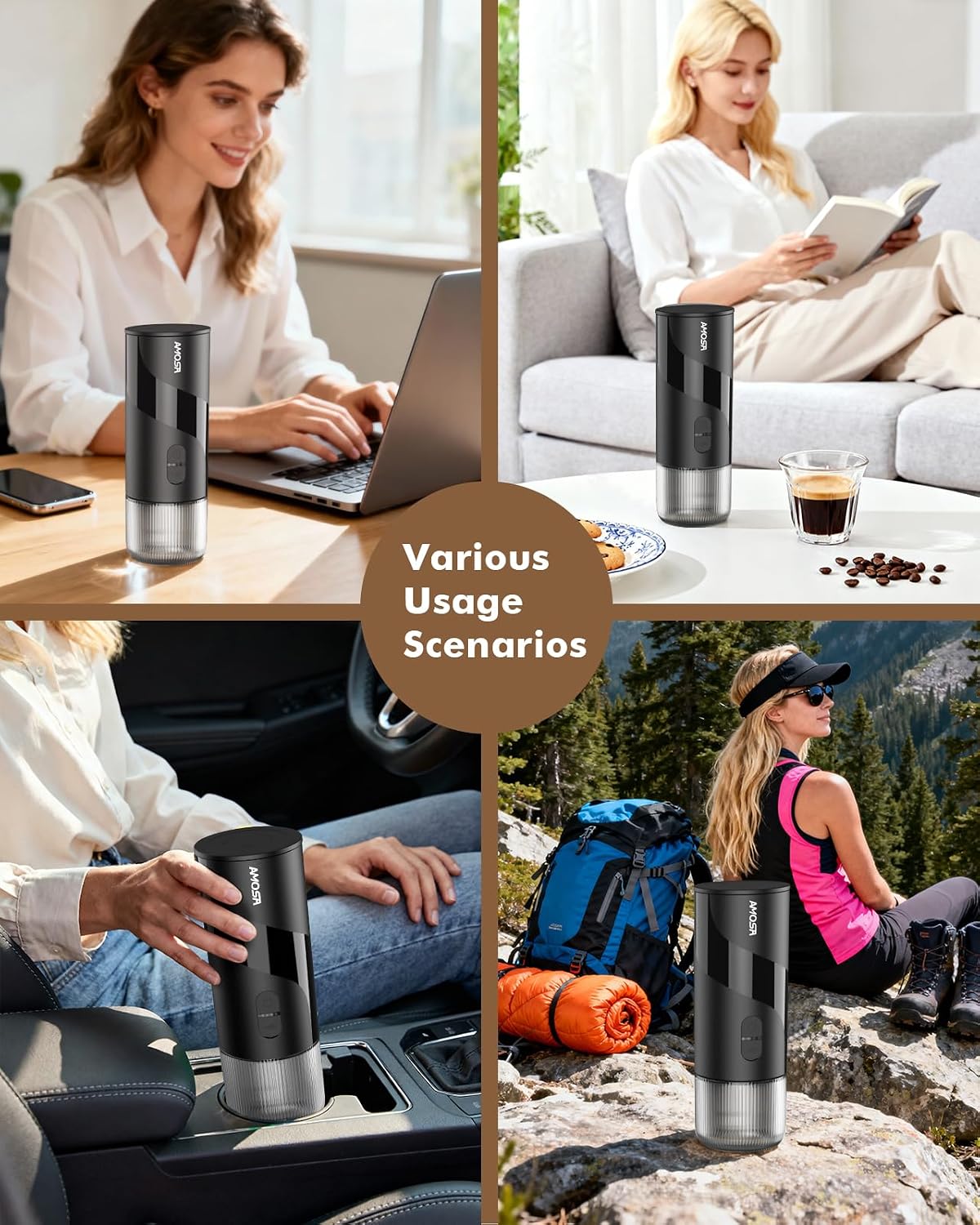 Compact black espresso maker used at home and outdoors, with grinder accessories