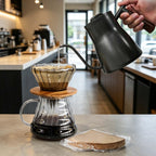 Gooseneck kettle pouring into pour-over dripper over glass carafe with filter on stand