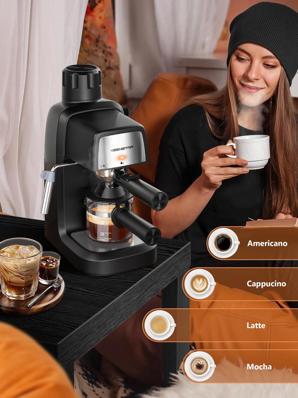Black compact 4-cup espresso machine with milk frother, portafilter and cup area