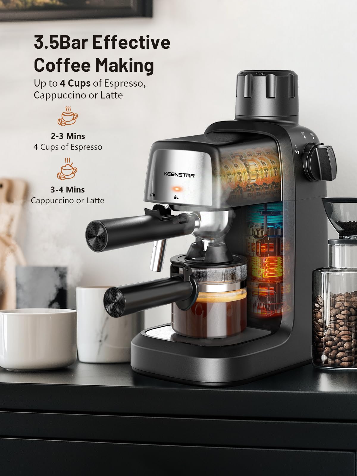 Black KEENSTAR espresso machine brewing with frothing nozzle and portafilter attached
