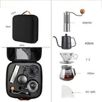 Black travel pour-over coffee gift set case with grinder, dripper, carafe, and filters