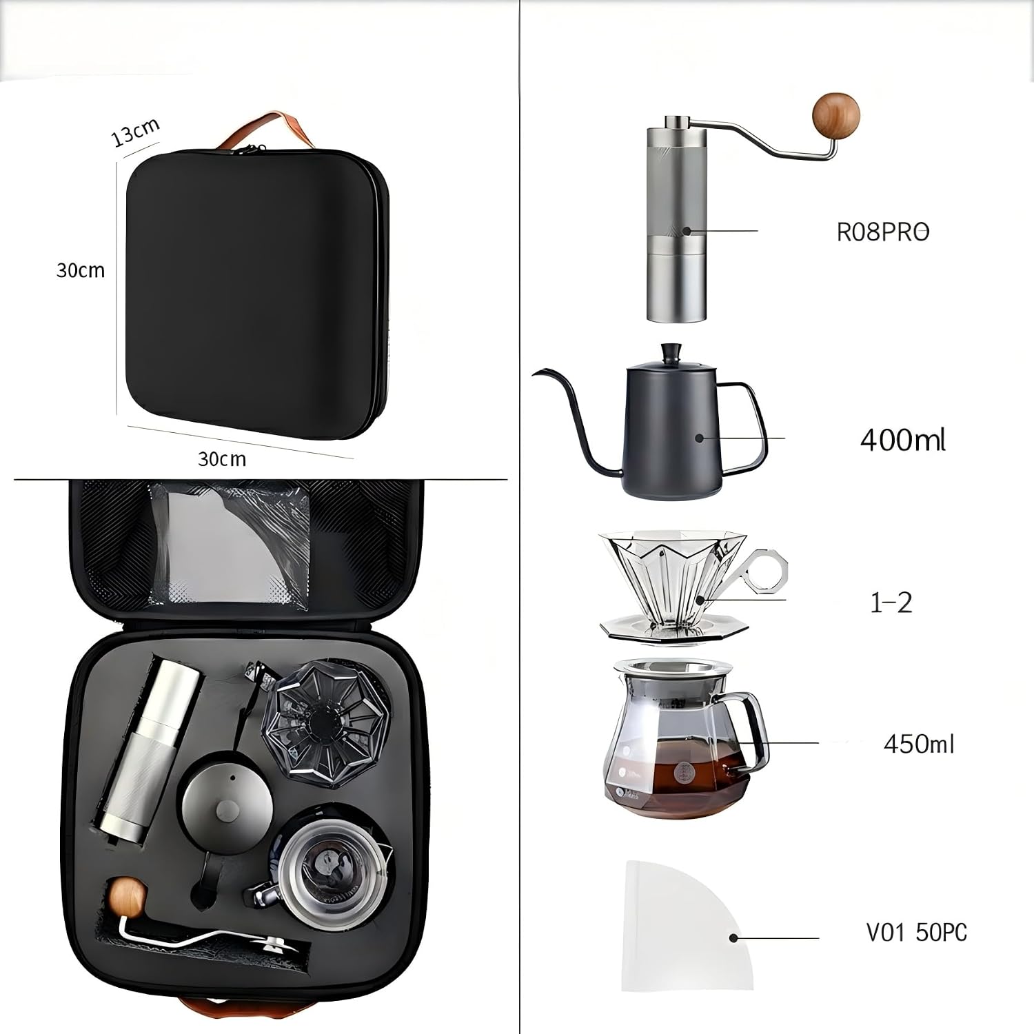 Black travel pour-over coffee gift set case with grinder, dripper, carafe, and filters
