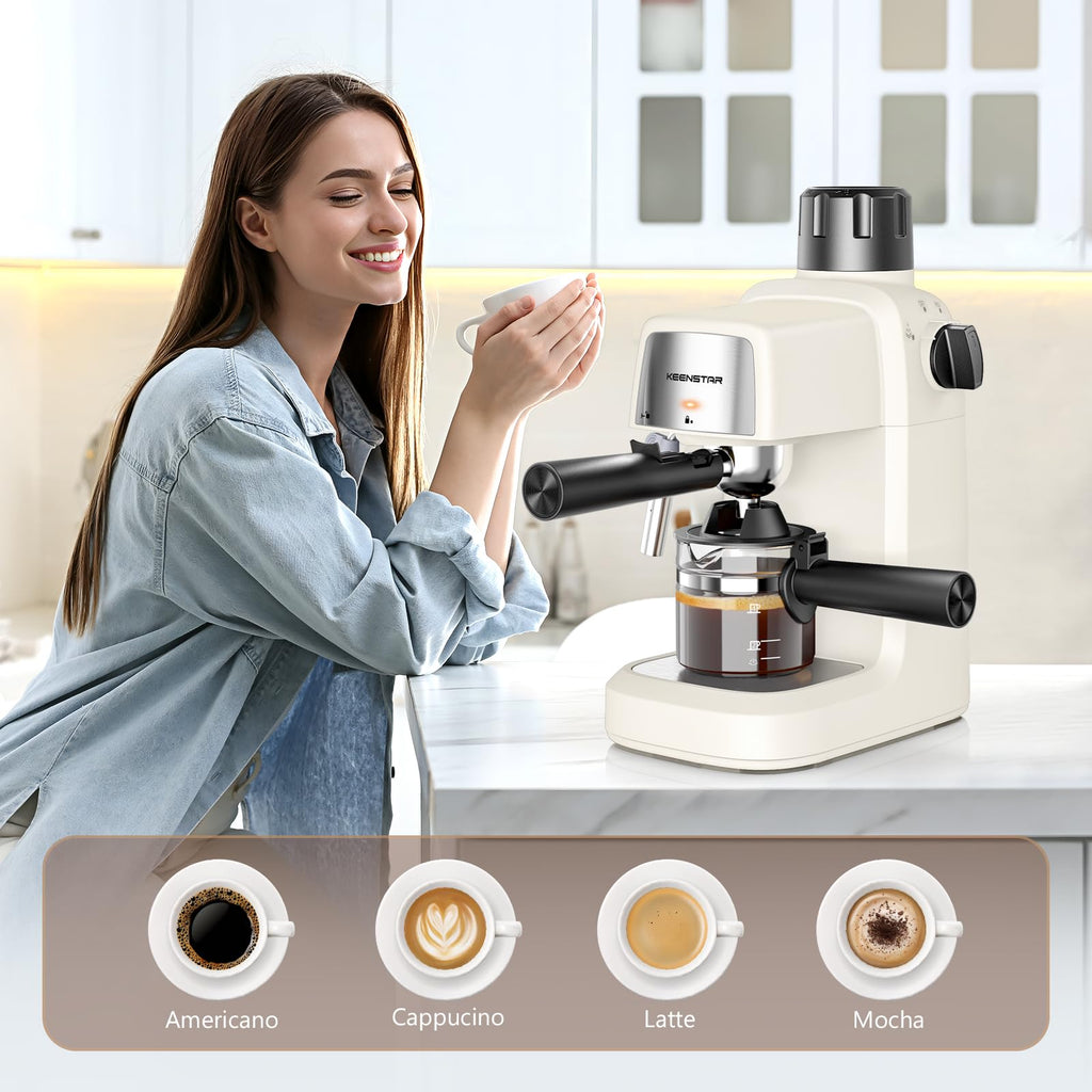 Cream white espresso machine with milk frother and cup on the counter
