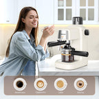 Cream white espresso machine with milk frother and cup on the counter