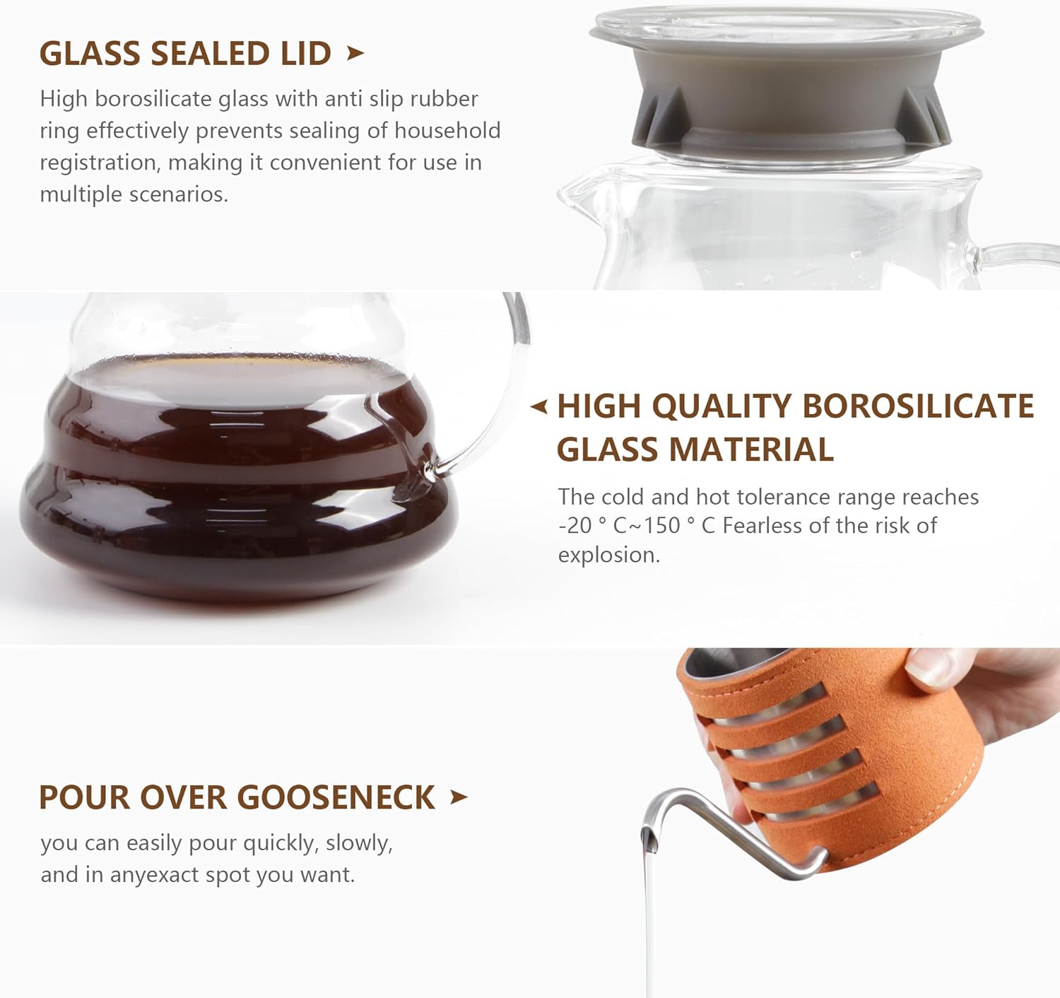 Borosilicate glass pour-over kettle with lid, metal spout, and orange insulated sleeve