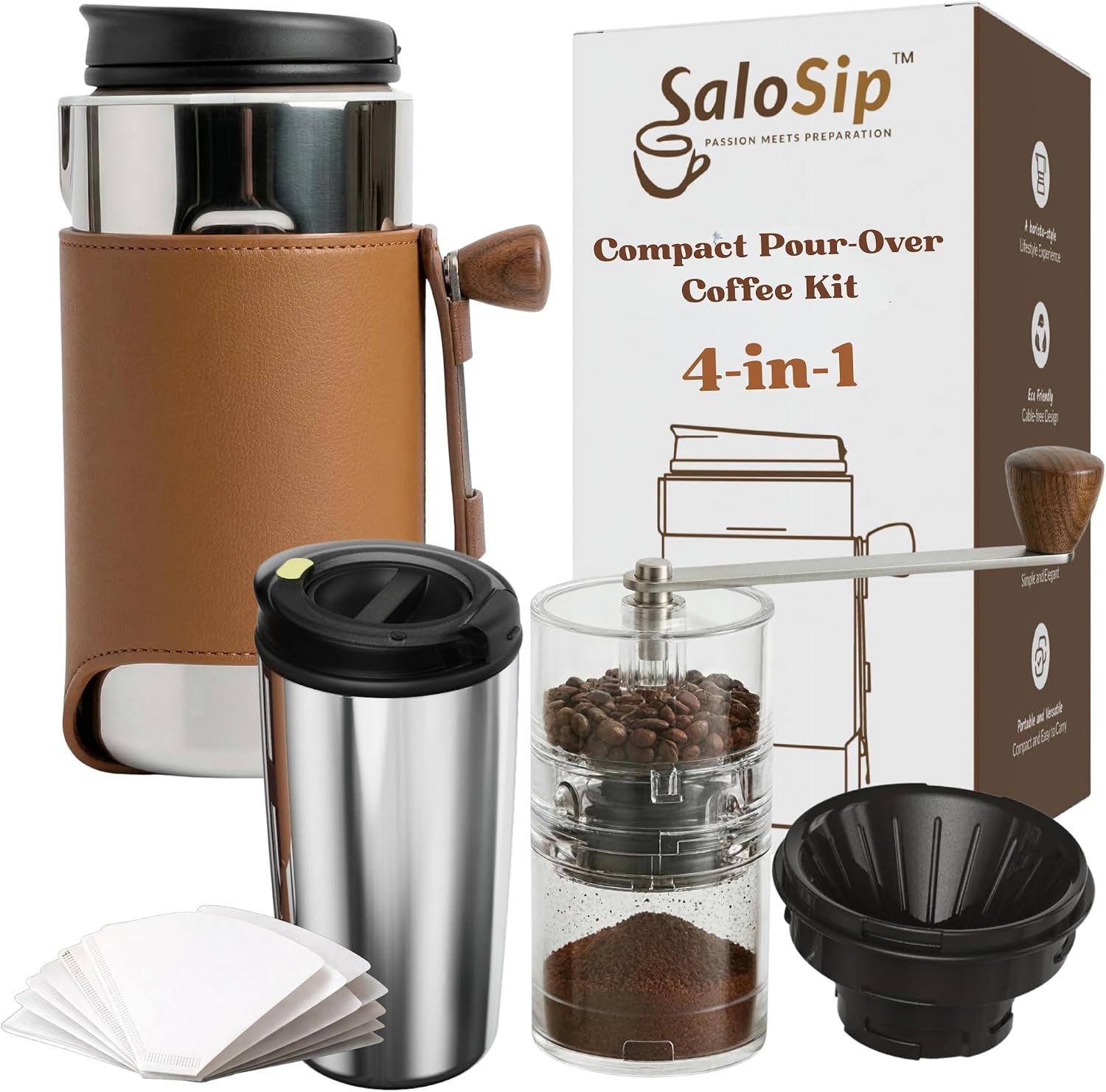 4-in-1 portable pour-over coffee kit with brown leather cover and stainless thermos