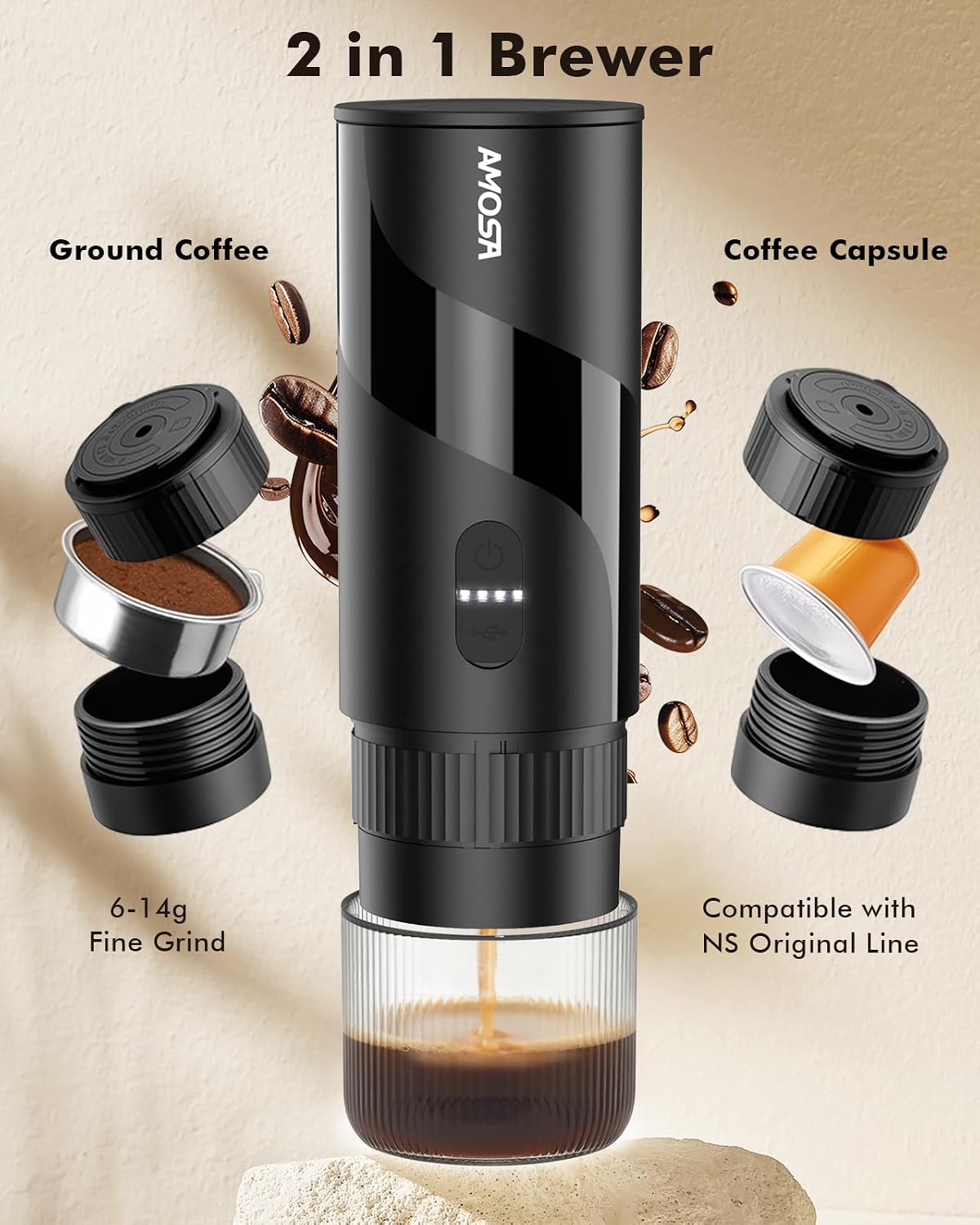 Black 2-in-1 brewer unit with built-in grinder and dual brewing cups