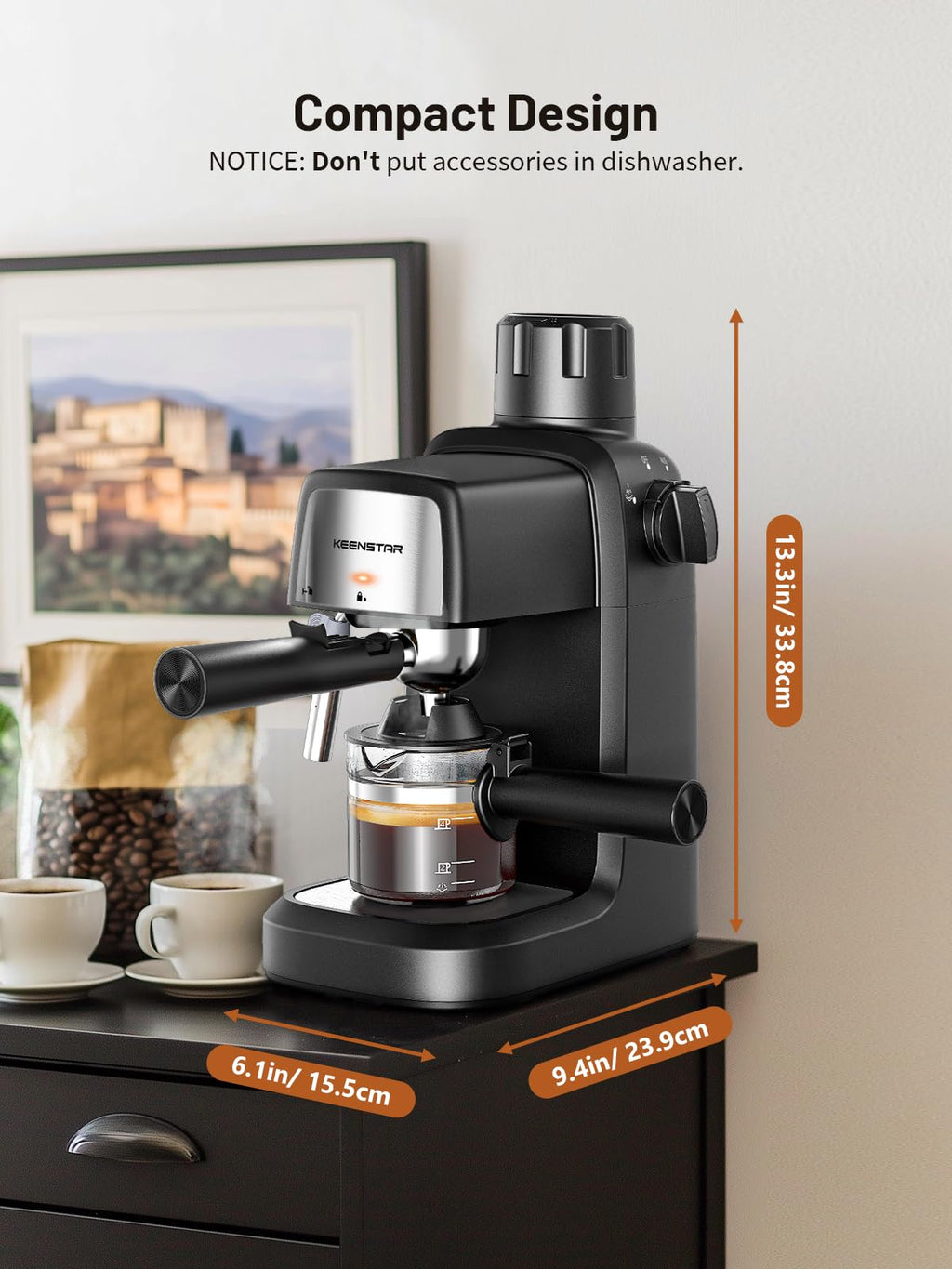 Black KEENSTAR compact espresso machine with milk frother and portafilter on counter