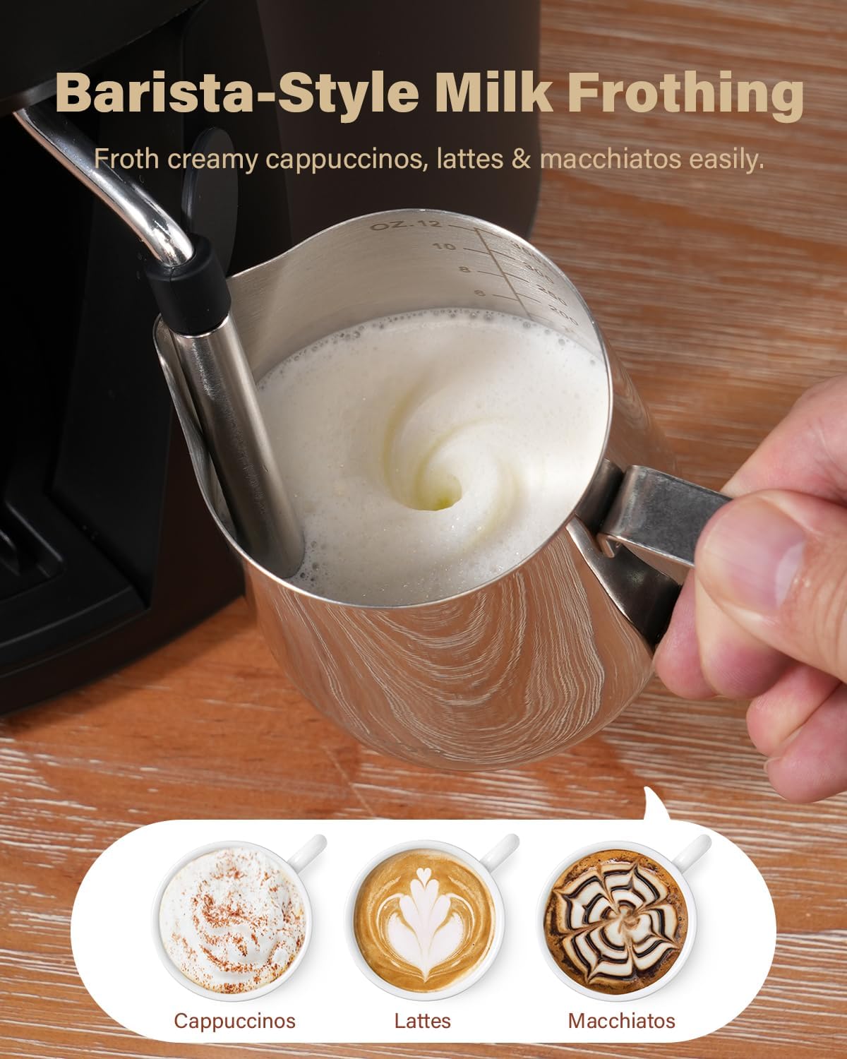 Milk frothing pitcher under wand tip with latte foam, stainless steam wand and froth pitcher