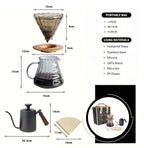 Portable pour-over brewing kit components diagram with dripper, gooseneck kettle, mug and filters