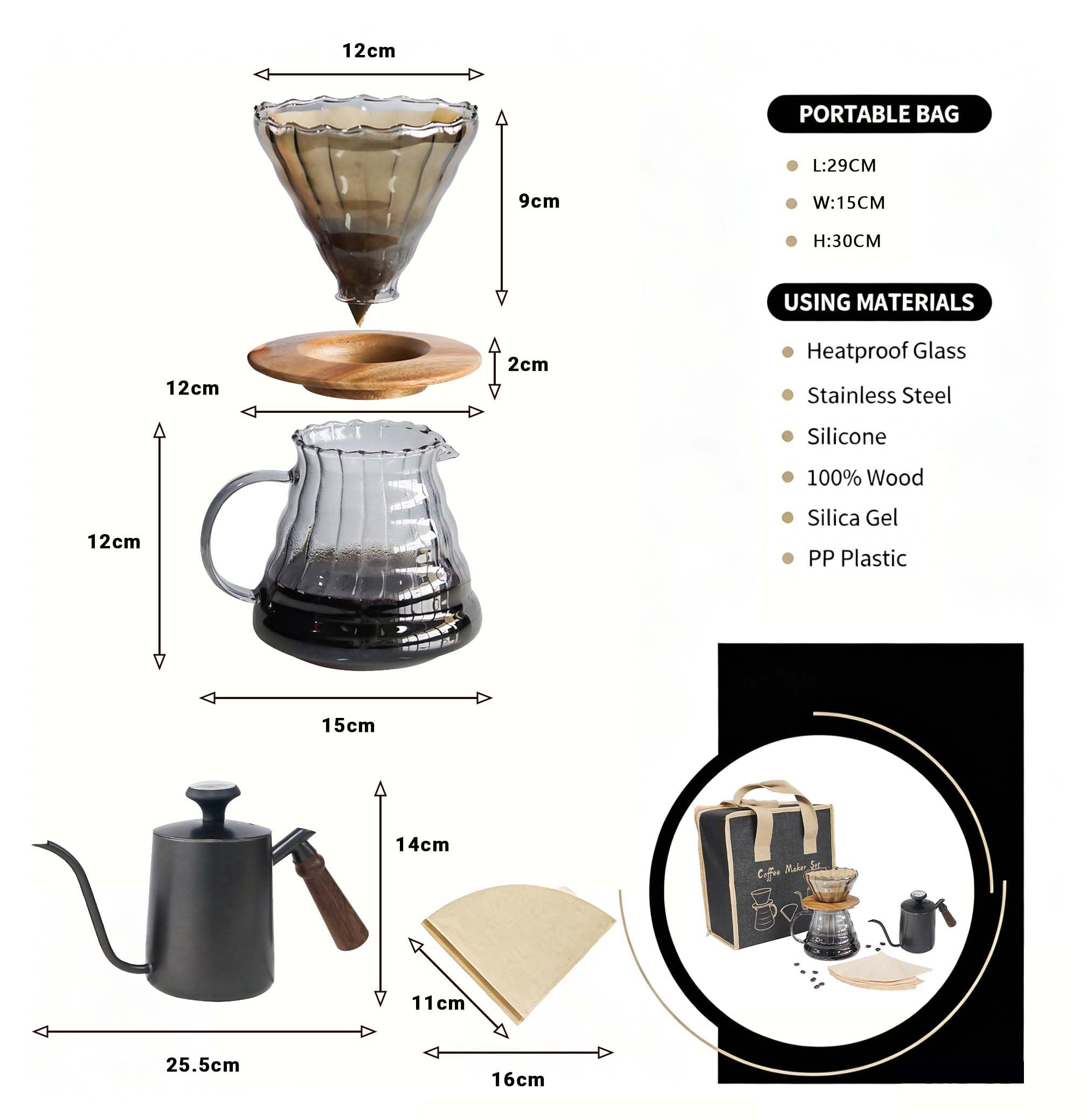 Portable pour-over brewing kit components diagram with dripper, gooseneck kettle, mug and filters