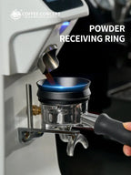 Black magnetic espresso receiving ring fitted on a stainless funnel, blue glow at top edge.
