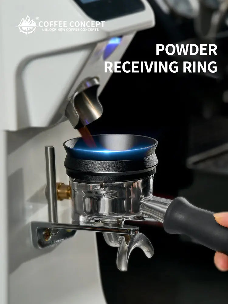 Black magnetic espresso receiving ring fitted on a stainless funnel, blue glow at top edge.