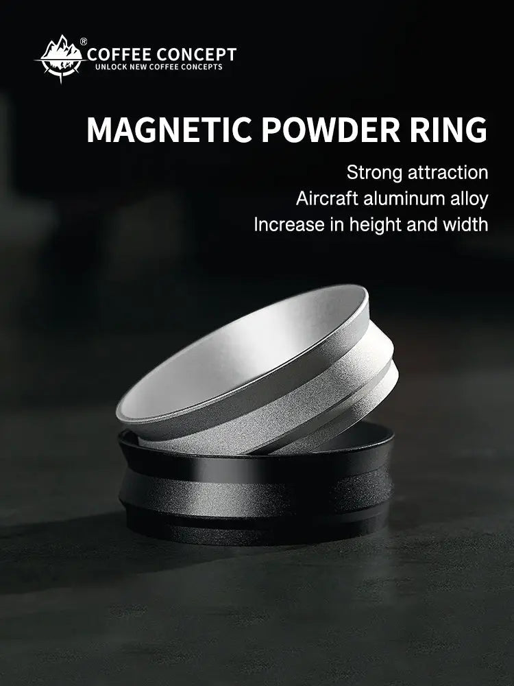 Magnetic anti-static espresso dosing ring, stacked dark and silver finish