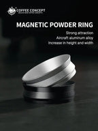 Magnetic anti-static espresso dosing ring, stacked dark and silver finish