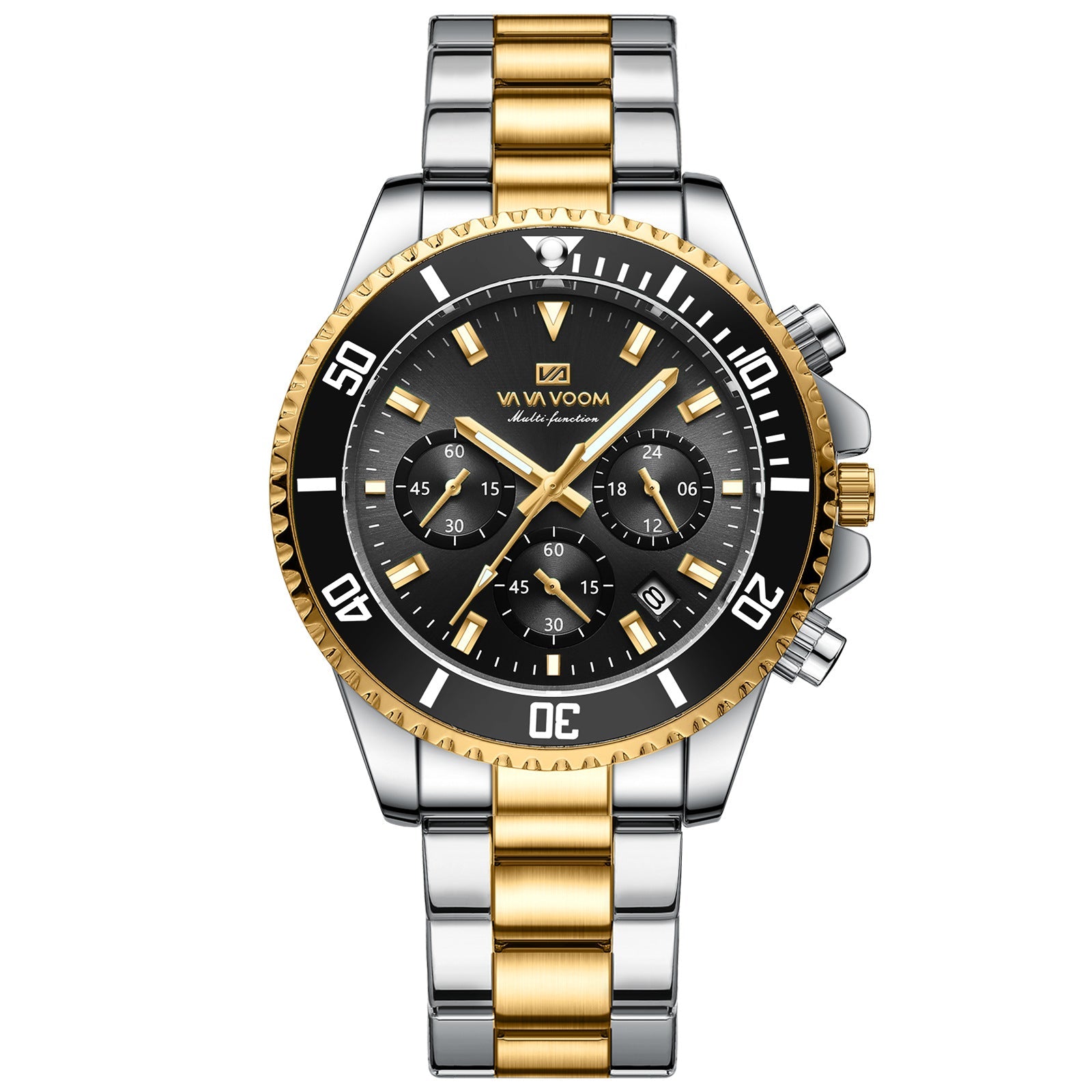 Men's stainless steel wristwatch with black dial, gold accents, and gold-silver link bracelet