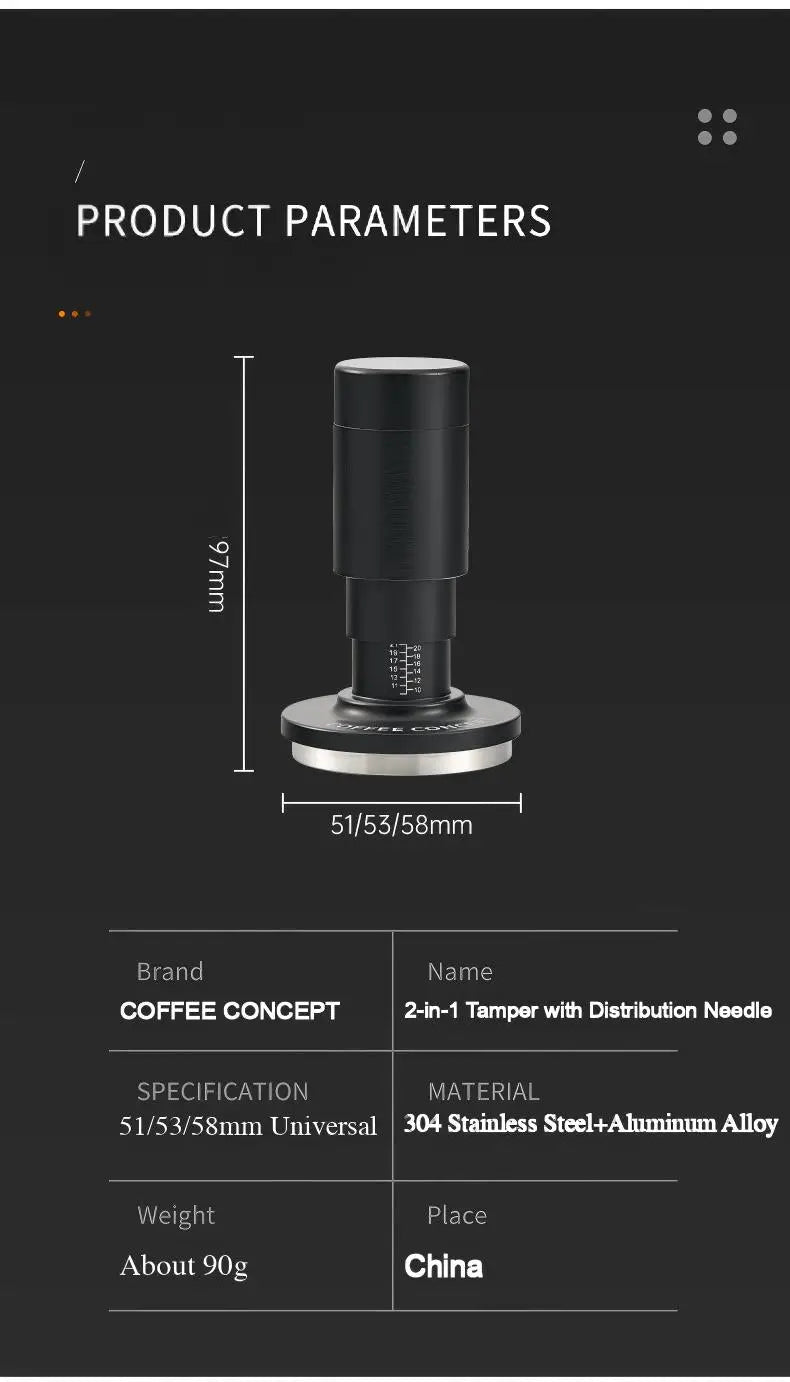 Espresso tamper and WDT tool parameters diagram with dimensions and materials information.