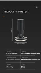 Espresso tamper and WDT tool parameters diagram with dimensions and materials information.