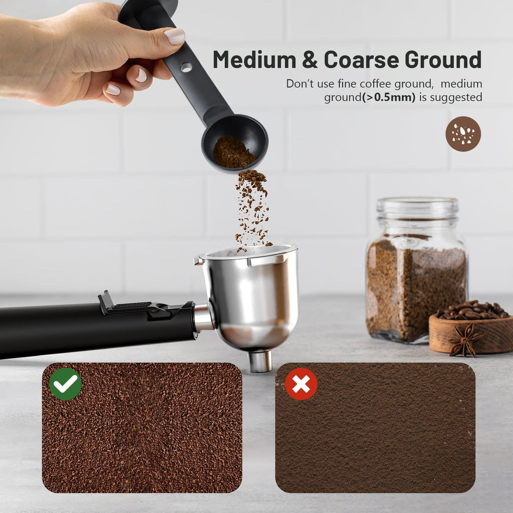 Espresso machine hopper and portafilter with coffee grounds and jar