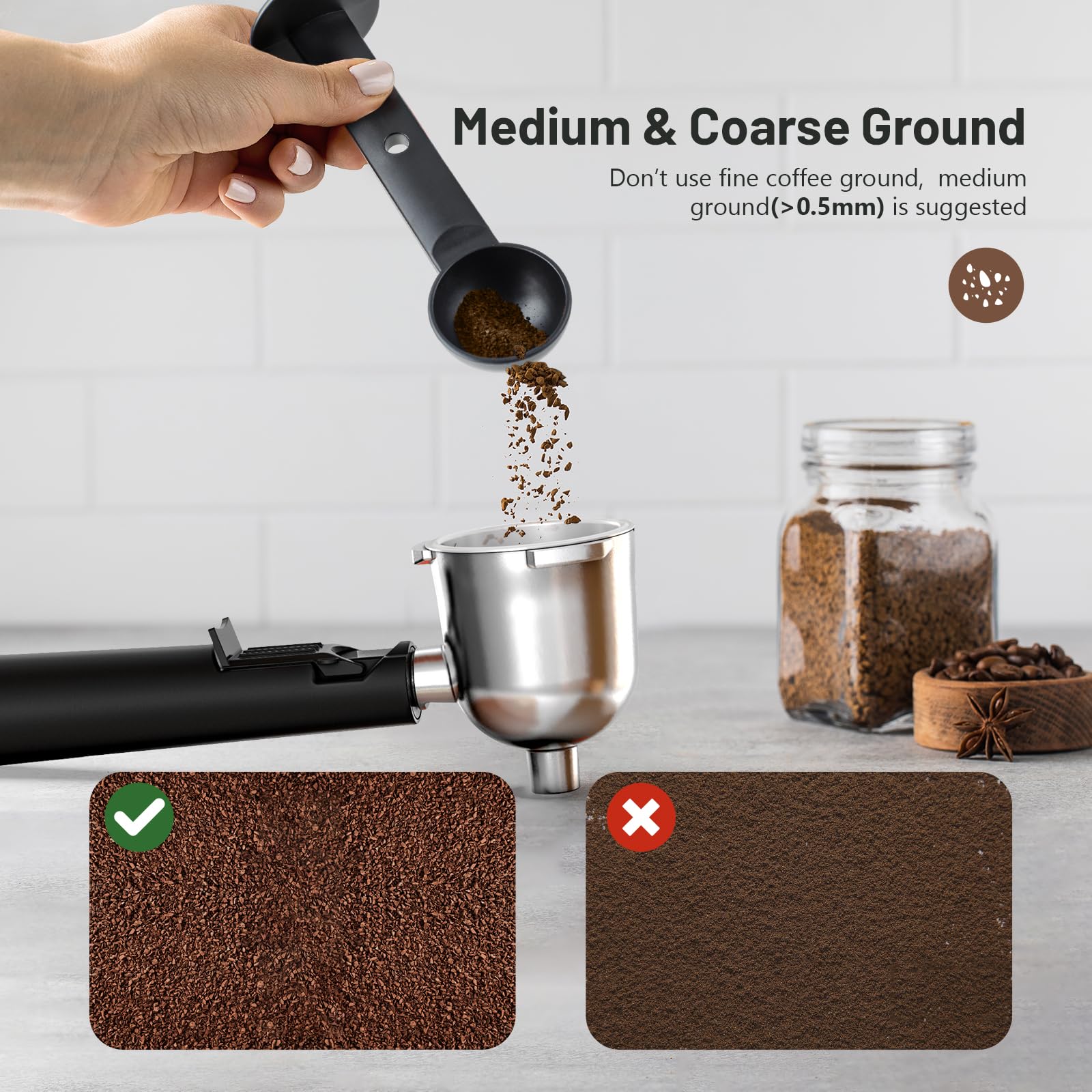 Espresso machine hopper and portafilter with coffee grounds and jar