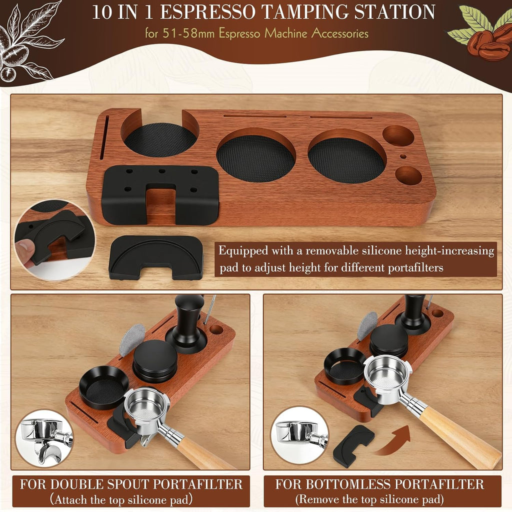 Wood espresso tamping station with removable silicone pads and tool compartments
