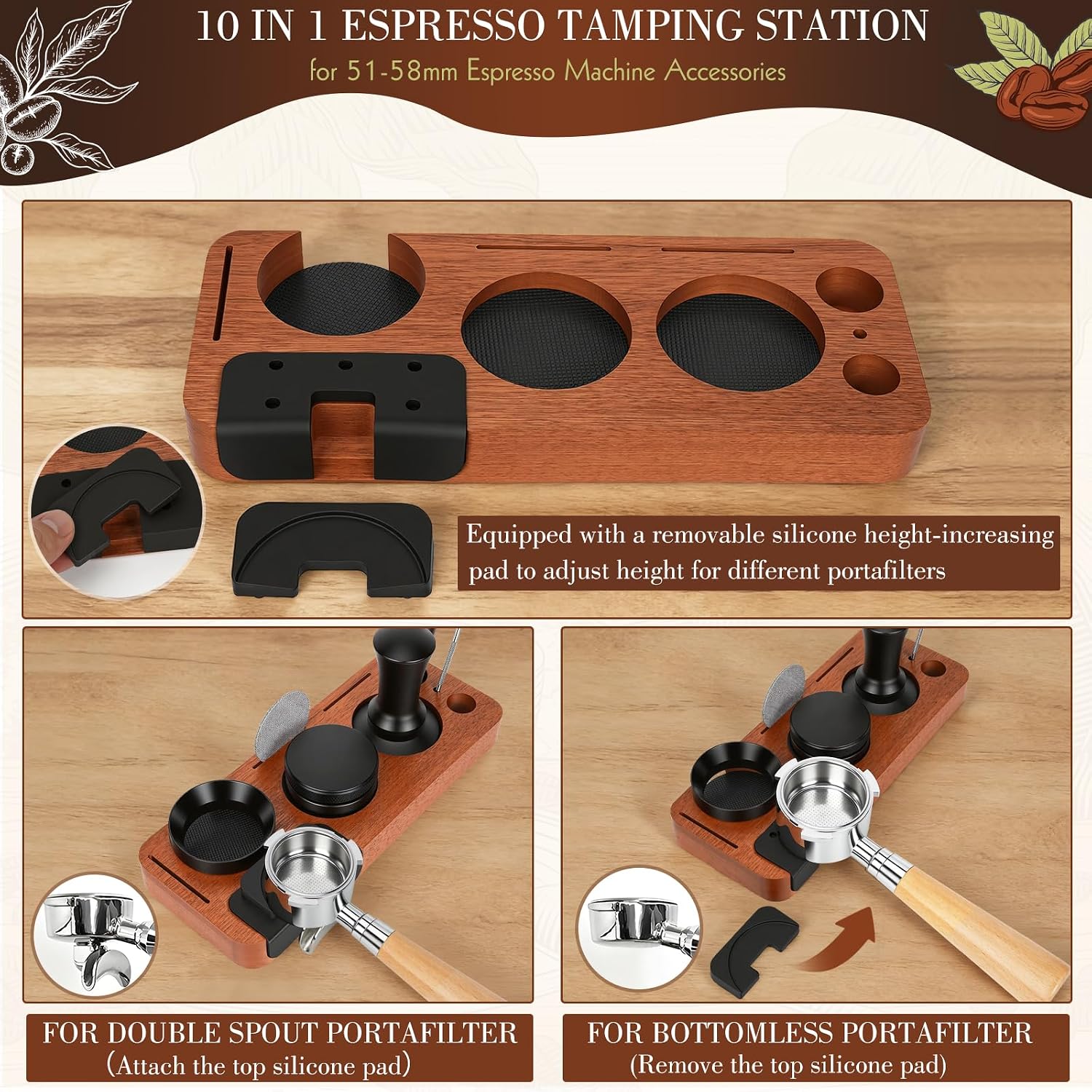Wood espresso tamping station with removable silicone pads and tool compartments