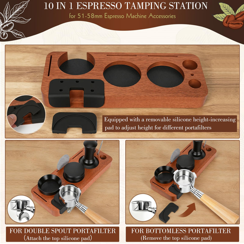 Tamping station base with removable silicone height pad and dual portafilter supports