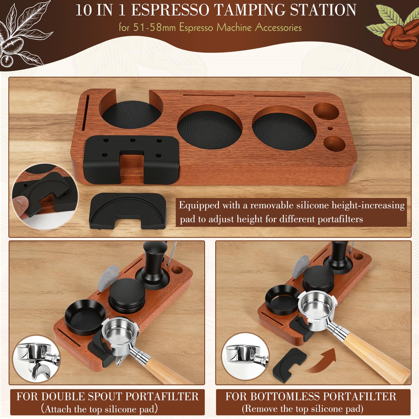 Tamping station base with removable silicone height pad and dual portafilter supports