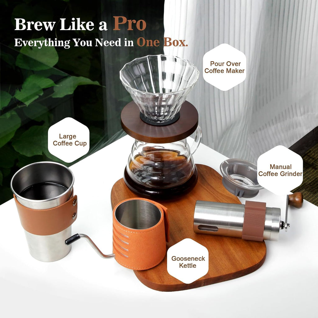 Pour-over coffee brewing kit with glass dripper, gooseneck kettle, hand grinder and cup